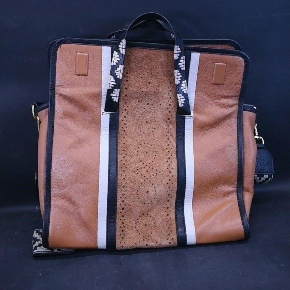 Kempton & Co Leather Perforated Suede Tote Bag Shoulder Purse Striped Web Strap